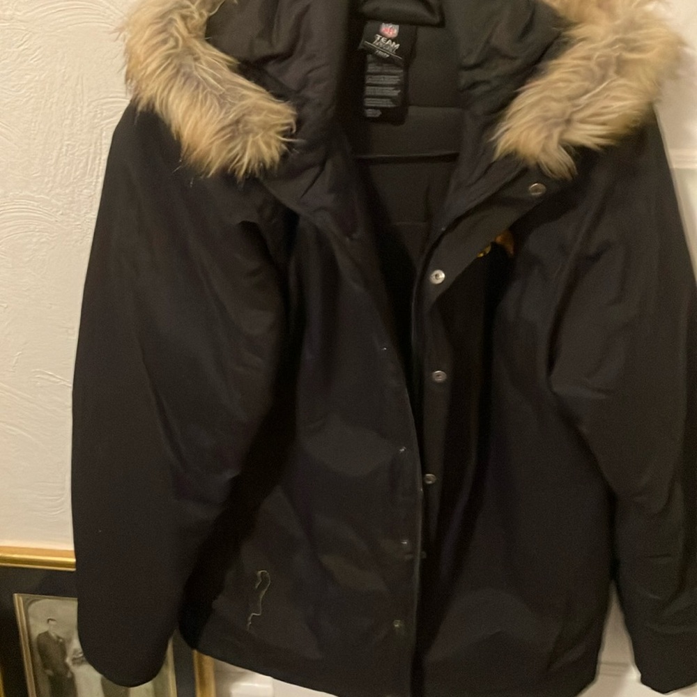 H&M Black Puffer Jacket with Faux Fur Hood; Steeler logo